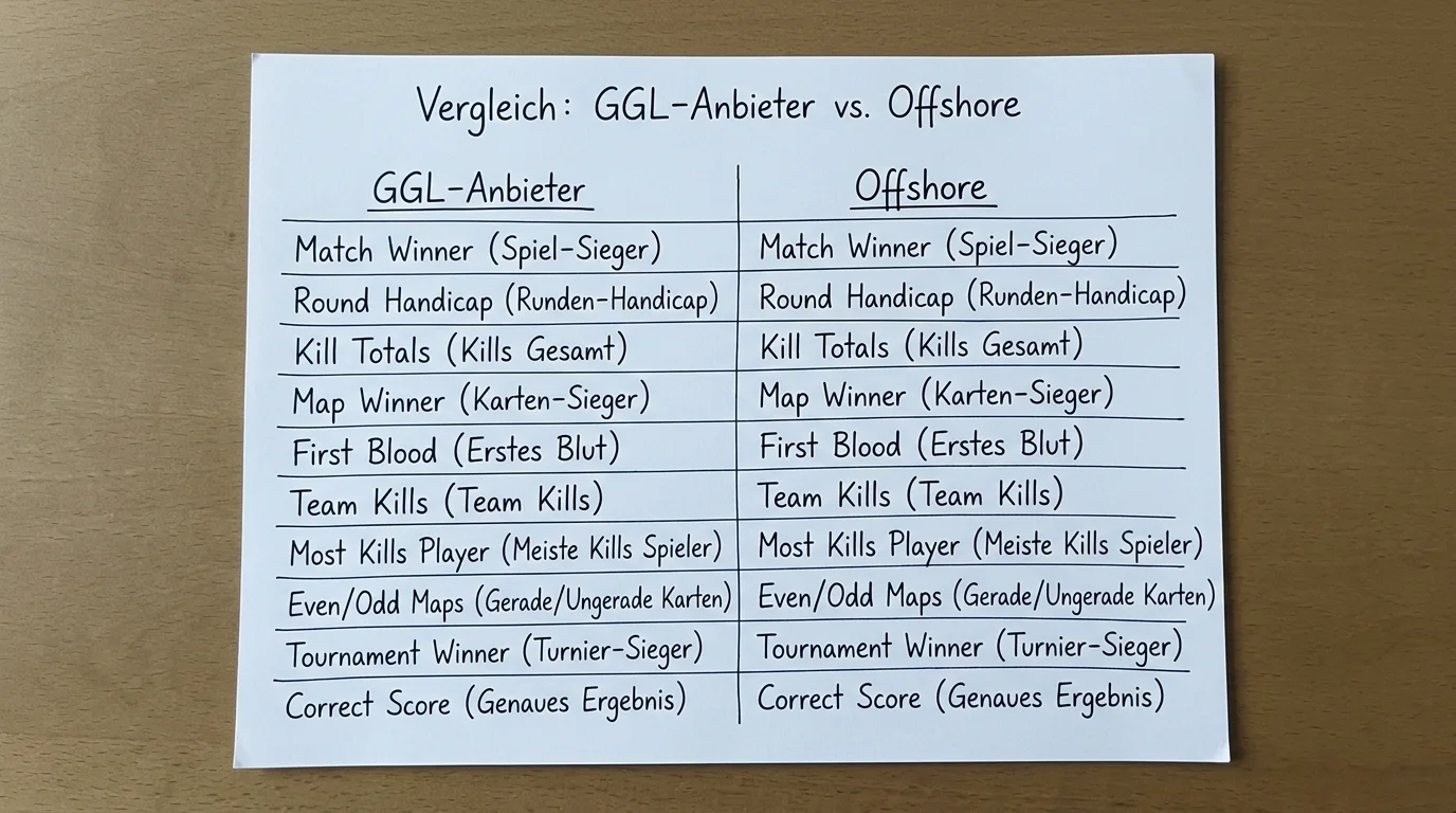 Esport Live-Wettmärkte GGL-Anbieter vs Offshore-Buchmacher Vergleich verfügbare Märkte