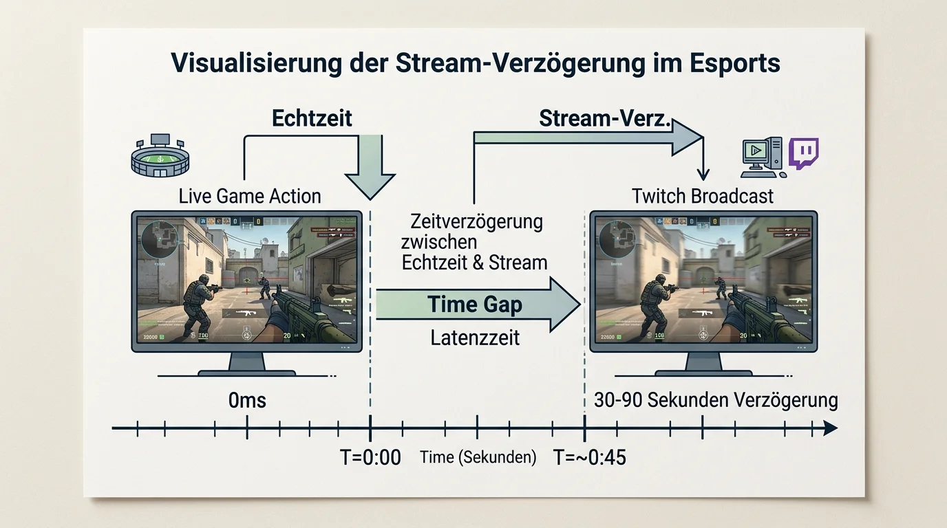 Esports Live-Wetten Stream-Latenz Problem: Diagramm zeigt 30 bis 90 Sekunden Verzögerung zwischen realem CS2-Spielgeschehen und Twitch-Broadcast für Live-Wetter