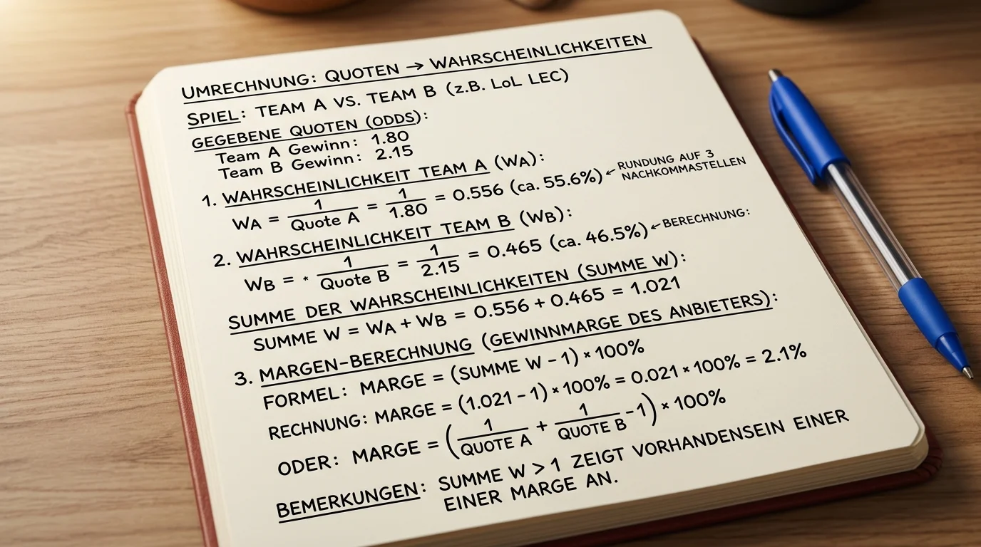 Buchmacher-Marge Berechnung Esports – Auszahlungsschlüssel und implizite Wahrscheinlichkeit für Esport-Quoten berechnen