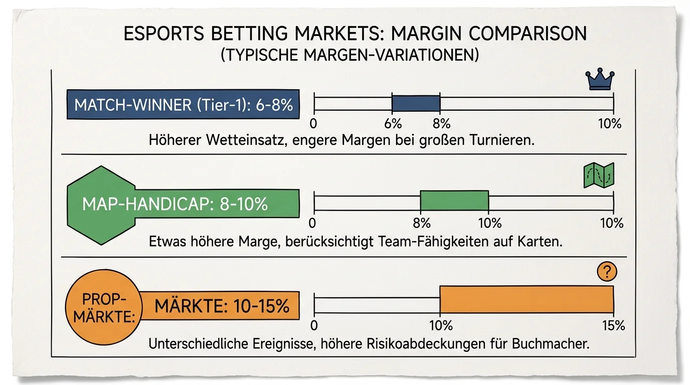 Margenunterschiede Esports Wettmärkte – Vergleich Match-Winner, Map-Handicap und Prop-Märkte nach Tierklasse
