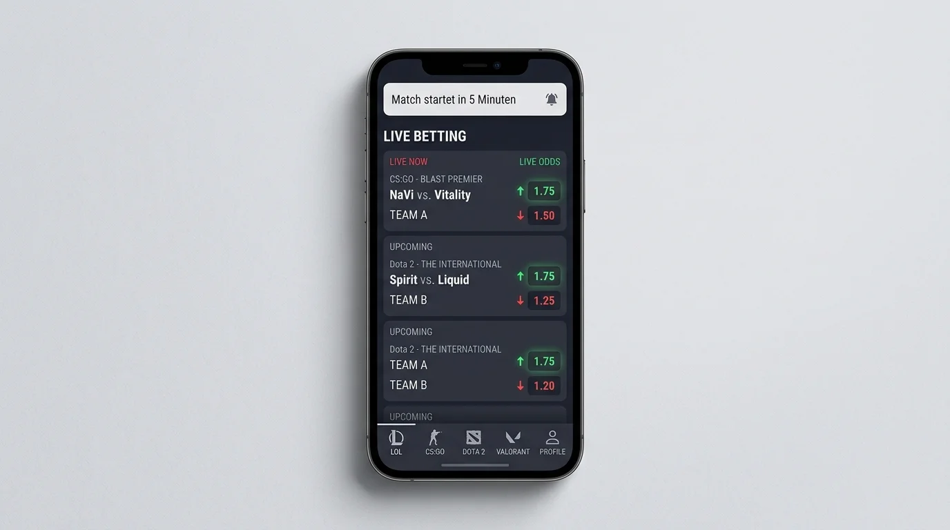 Esports Wettanbieter App Features – Push-Benachrichtigungen, Live-Wetten UX und Navigation für Esport-Wetter