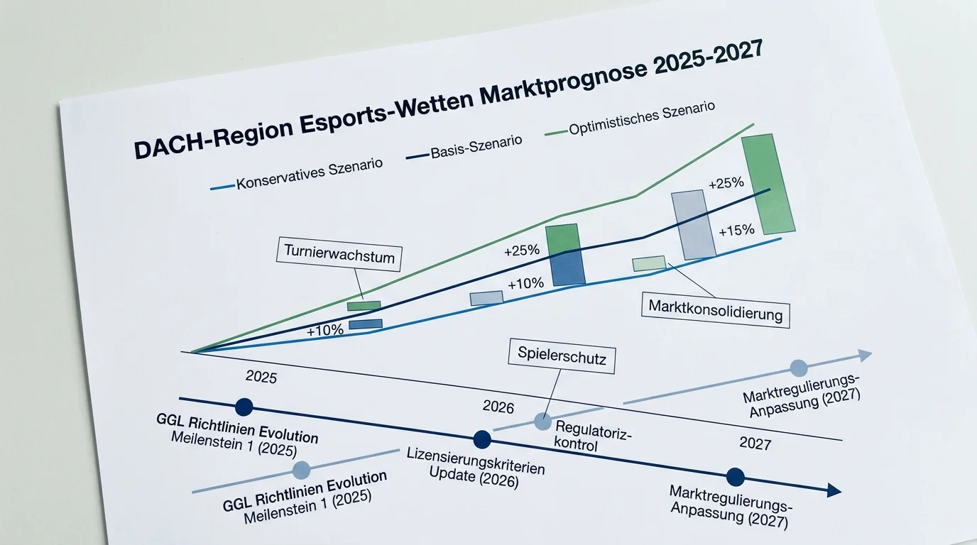 Esports Wetten Deutschland 2026 Ausblick: Grafik zeigt Wachstumsprojektionen DACH-Markt, regulatorische Entwicklungen GGL und strategische Empfehlungen für informierte Wetter