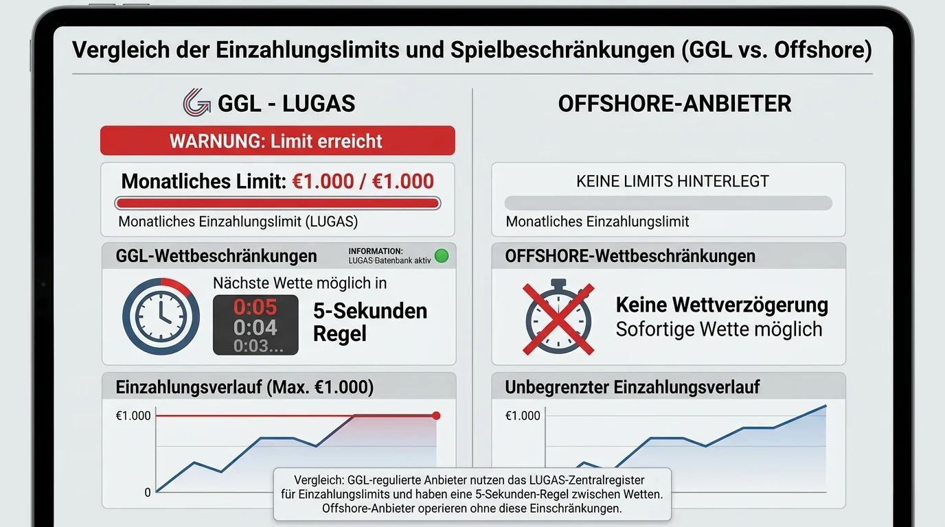 Einzahlungslimits und Live-Wetten-Einschränkungen GGL vs. Offshore – LUGAS-Limit und 5-Sekunden-Regel