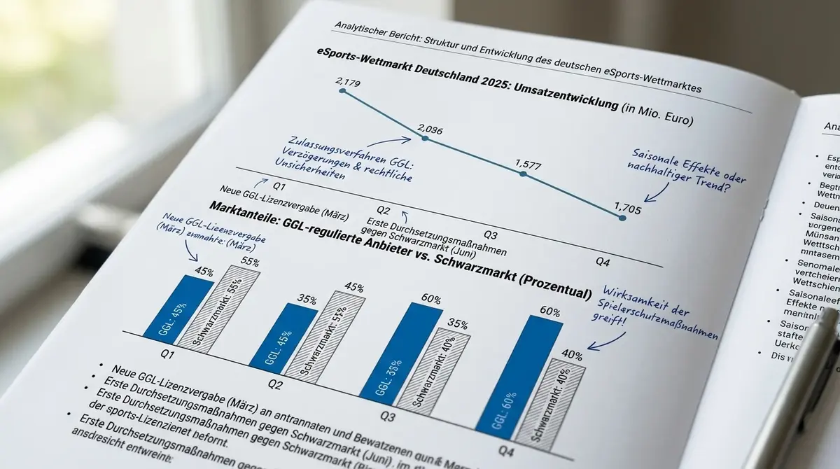 Esports Wetten Markt Deutschland 2026: Grafik zeigt Wachstum der Sportwetteneinsätze und Marktanteile regulierter Anbieter