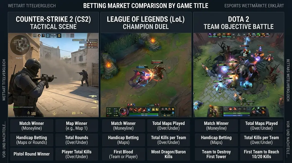 Wettart-Auswahl nach Esport-Titel: CS2, LoL, Dota 2 und Valorant im Vergleich für informierte Wettentscheidungen