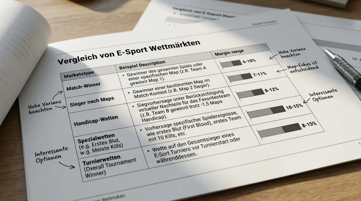 Esports Wettmärkte Überblick: Diagramm zeigt Match-Winner, Map-Handicap, Totals, First Blood und Turnierwetten mit typischen Margen bei deutschen Buchmachers