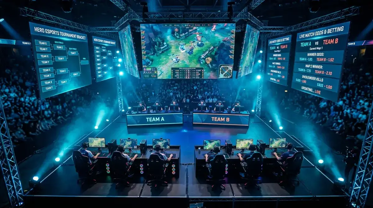 Esports Wetten in Deutschland: Spieler an Computer-Monitoren bei einem professionellen CS2-Turnier mit Wettmarkt-Overlays