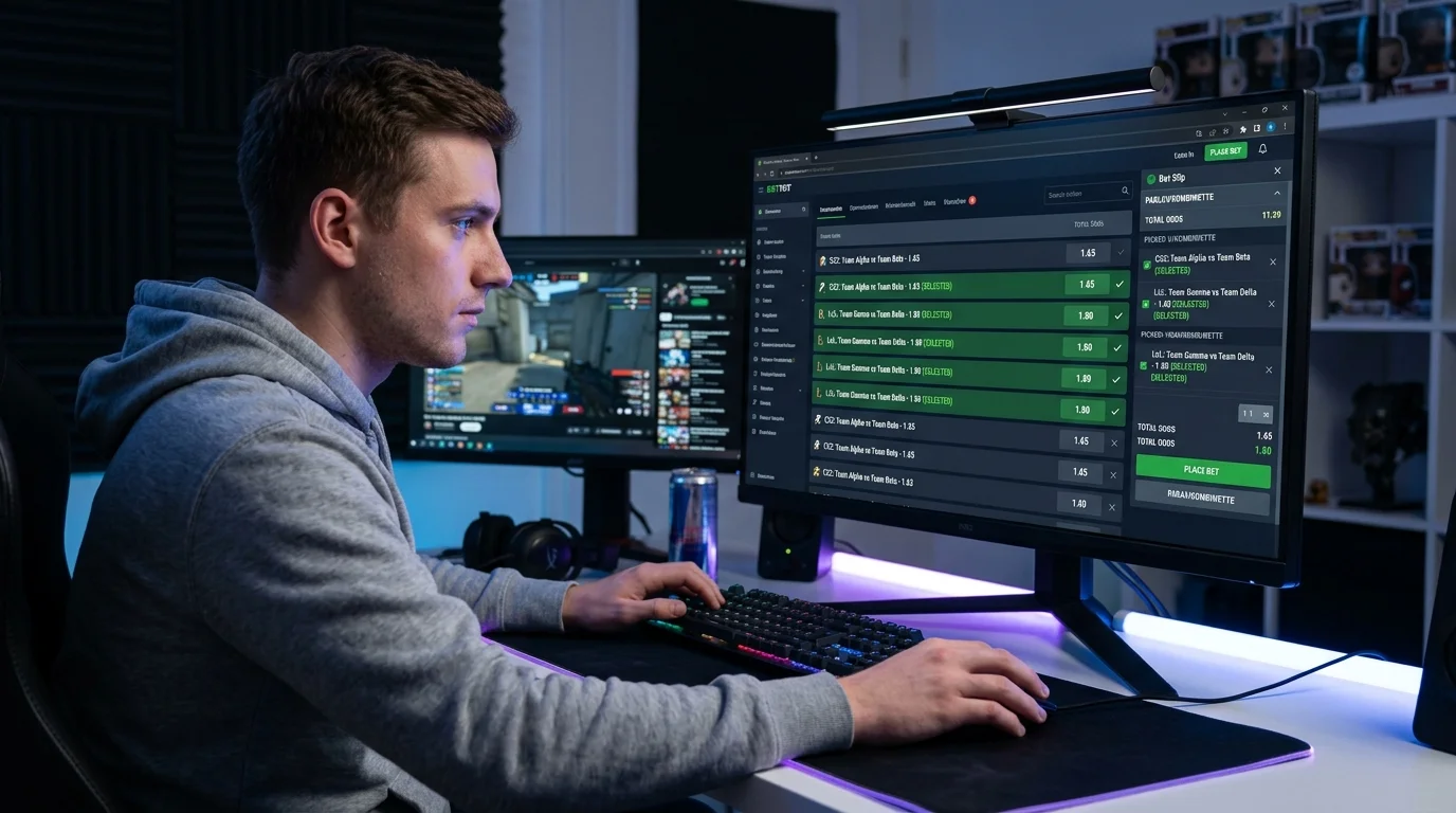 Aufbau einer Esport-Kombiwette – Ereignisse kombinieren, Quotenprodukt berechnen und Gesamteinsatz bestimmen