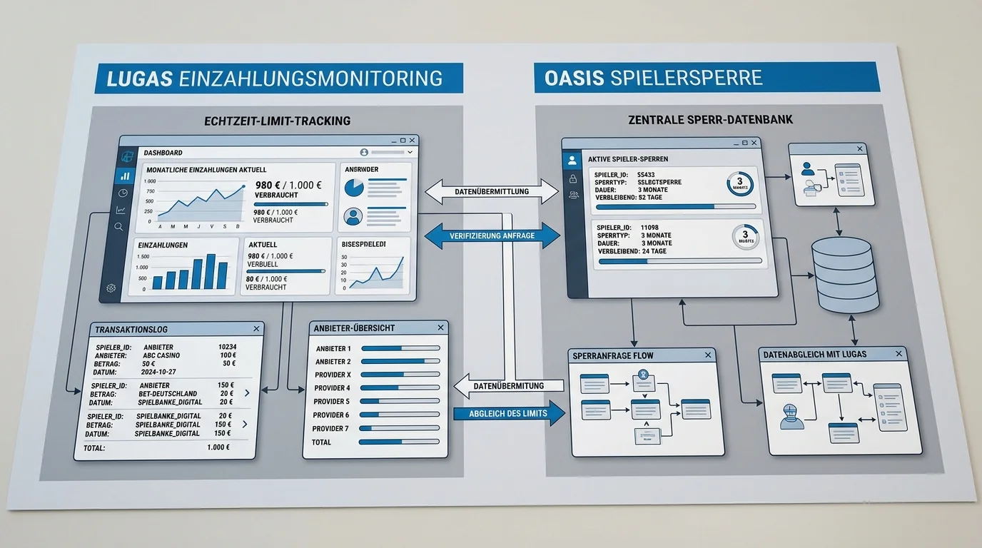LUGAS und OASIS Systeme Deutschland: Infografik zum anbieterübergreifenden 1000-Euro-Einzahlungsmonitoring und der zentralen Spielersperren-Datenbank